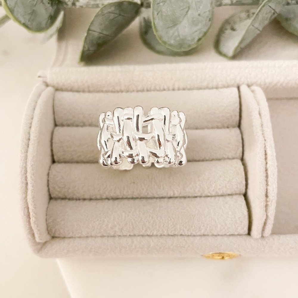 925 Sterling Silver Chunky Bold Statement Ring Thick Wide Ring Woven Ring Band - Picture 4 of 9